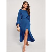Women's Wedding Guest Dress Cobalt Blue Elegant Cocaktail Midi Dress Satin Dolman Long Sleeve Front Slit Boat Neck