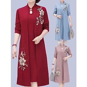 Women's Dress Set Two Piece Dress Print Dress Outdoor Vacation Casual Print Midi Dress Stand Collar Long Sleeve Floral Loose Fit Pink Wine Blue Fall Spring XL XXL XXXL 4XL 5XL Lightinthebox
