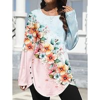 Women's T shirt Tee Floral Daily Weekend Pink Blue Purple Print Button Asymmetrical Long Sleeve Fashion Round Neck Regular Fit Summer Spring Lightinthebox - thumbnail