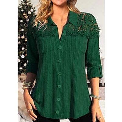 Women's Shirt Blouse Textured Green Plain Lace Button Long Sleeve Casual Fashion Shirt Collar Regular Fit Spring   Fall Lightinthebox