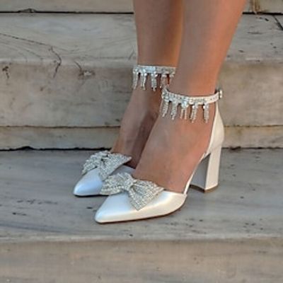 Women's Wedding Shoes Pumps Dress Shoes Tassel Shoes Ankle Strap Heels Wedding Party Daily Hollow-out Wedding Heels Bridal Shoes Bridesmaid Shoes Rhinestone Bowknot Imitation Pearl Chunky Heel Lightinthebox