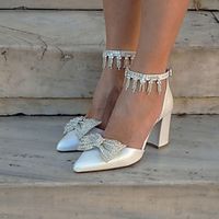 Women's Wedding Shoes Pumps Dress Shoes Tassel Shoes Ankle Strap Heels Wedding Party Daily Hollow-out Wedding Heels Bridal Shoes Bridesmaid Shoes Rhinestone Bowknot Imitation Pearl Chunky Heel Lightinthebox - thumbnail