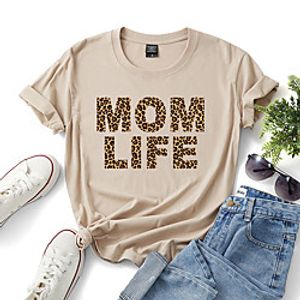 Women's T shirt Leopard Text Print Round Neck Tops Cotton Basic Basic Top White Khaki Light Blue miniinthebox