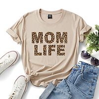 Women's T shirt Leopard Text Print Round Neck Tops Cotton Basic Basic Top White Khaki Light Blue miniinthebox - thumbnail