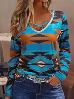 Women's Western Ethnic Print Cross V-Neck Long Sleeve Top