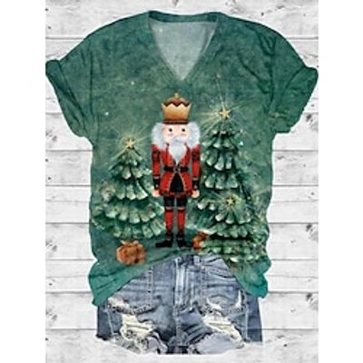 Women's T shirt Tee Christmas Shirt Santa Claus Christmas Tree Black Pink Dusty Rose Print Short Sleeve Christmas Weekend Festival  Holiday V Neck Regular Fit Summer Lightinthebox