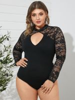 YOINS Plus Size Crew Neck Lace Patchwork Cut Out Long Sleeves Bodysuit - thumbnail