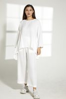 Moistreet White Cey Mélange Fabric Top And Pants Set (XS, S, M, L, XL, XXL)