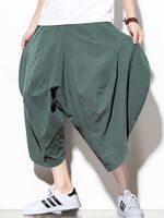 Men Casual Hipster Vintage Harem Cross Calf-Length Drawstring Wide Leg Pants - thumbnail