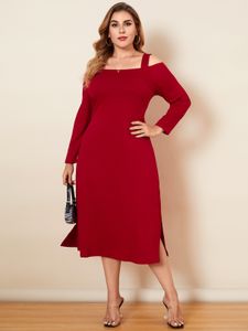 YOINS Plus Size Cold Shoulder Slit Design Long Sleeves Midi Dress