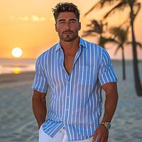 Men's Shirt Blue Short Sleeve Striped Vertical Stripes Turndown Outdoor Causal Button Clothing Apparel Vacation Daily Lightinthebox