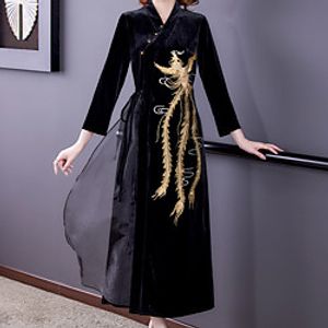 Women's Cheongsam Dress Midi Dress Black Long Sleeve Animal Embroidered Split Fall Winter Mandarin Collar Elegant Casual Traditional 2021 M L XL XXL 3XL Lightinthebox