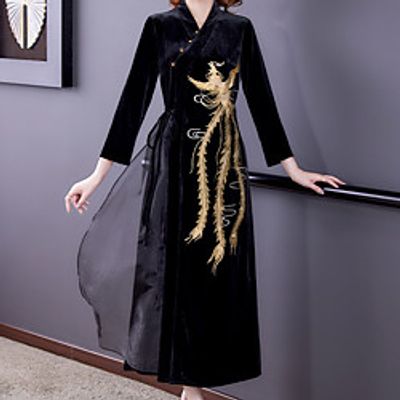 Women's Cheongsam Dress Midi Dress Black Long Sleeve Animal Embroidered Split Fall Winter Mandarin Collar Elegant Casual Traditional 2021 M L XL XXL 3XL Lightinthebox