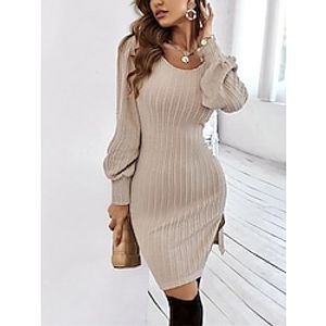 Women's Sweater Dress Sheath Dress Knit Dress Mini Dress Apricot Long Sleeve Pure Color Lace Winter Fall Spring V Neck Fashion Daily Date 2022 S M L XL miniinthebox