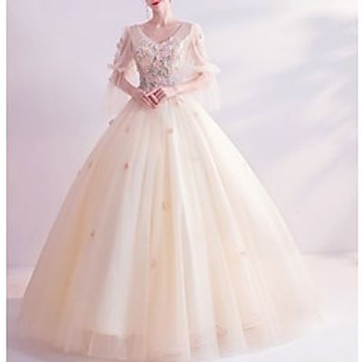 Ball Gown Floral Quinceanera Prom Dress V Neck Long Sleeve Floor Length Tulle with Pearls Embroidery 2022 Lightinthebox Ball Gown Floral Quinceanera Prom Dress V Neck Long Sleeve Floor Length Tulle with Pearls Embroidery 2022 Lightinthebox