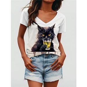 Women's T shirt Tee Animal Cat Casual Daily White Print Short Sleeve Fashion V Neck Regular Fit Summer Lightinthebox