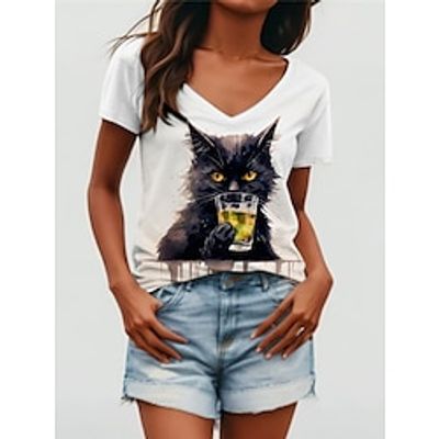 Women's T shirt Tee Animal Cat Casual Daily White Print Short Sleeve Fashion V Neck Regular Fit Summer Lightinthebox