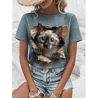 Women's T shirt Tee Animal Daily Weekend Print Blue Short Sleeve Fashion Round Neck 3D cat Summer Lightinthebox