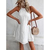 Women's White Dress Lace Dress Casual Dress Mini Dress Cotton Eyelet Daily Vacation Halter Neck Sleeveless Summer Spring Black White Plain Lightinthebox