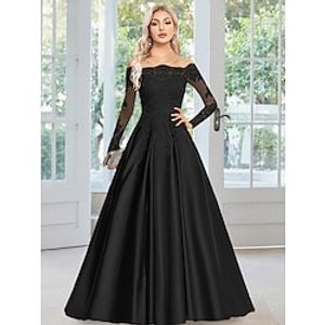 A-Line Evening Gown Floral Dress Formal Court Train Long Sleeve Off Shoulder Satin with Appliques 2023 Lightinthebox
