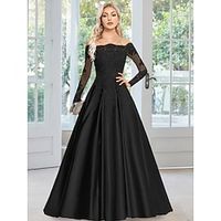 A-Line Evening Gown Floral Dress Formal Court Train Long Sleeve Off Shoulder Satin with Appliques 2023 Lightinthebox - thumbnail