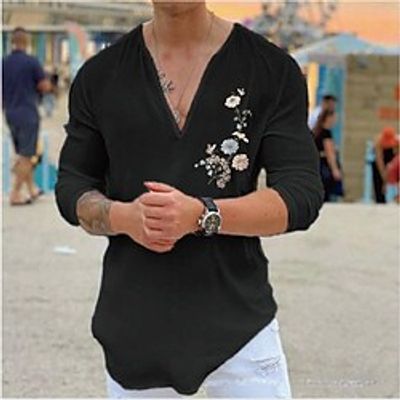 Men's Shirt Hot Stamping Floral Graphic V Neck Street Casual Print Long Sleeve Tops Casual Fashion Designer Big and Tall White Black Lightinthebox