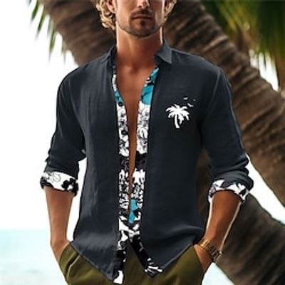Palm Tree Casual Men's Printed Shirts Daily Wear Going out Weekend Spring Turndown Long Sleeve Black, White, Pink S, M, L Polyester Slub Fabric Shirt Lightinthebox