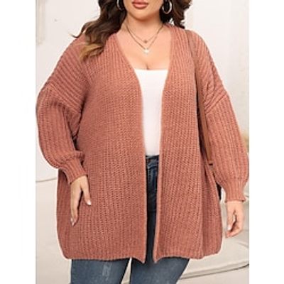 Women's Plus Size Cardigan Open Front Ribbed Knit Polyester Knitted Fall Winter Regular Outdoor Daily Going out Stylish Plus Size Casual Long Sleeve Solid Color Black Pink Apricot XL 2XL 3XL miniinthebox