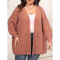 Women's Plus Size Cardigan Open Front Ribbed Knit Polyester Knitted Fall Winter Regular Outdoor Daily Going out Stylish Plus Size Casual Long Sleeve Solid Color Black Pink Apricot XL 2XL 3XL miniinthebox - thumbnail