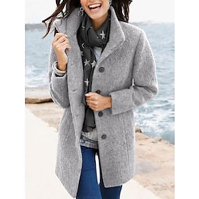 Women's Pea Coat Winter Coat Mid-Length Overcoat with Pockets Windproof Thermal Warm Trench Coat Fall Single Breasted Stand Collar Jacket Long Sleeve Blue Gray S M L XL Lightinthebox