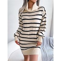 Women's Sweater Dress Winter Dress Casual Dress Khaki Beige Gray Long Sleeve Striped Print Winter Fall Turtleneck Stylish Casual Fit 2022 S M L Winter Dress miniinthebox - thumbnail