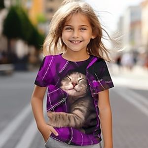 Girls' 3D Cat Tee Shirt Short Sleeve 3D Print Summer Active Fashion Cute Polyester Kids 3-12 Years Crew Neck Outdoor Casual Daily Regular Fit Lightinthebox