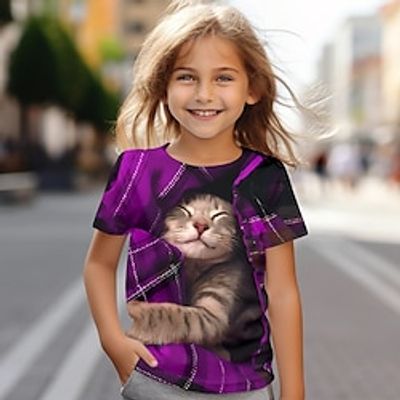 Girls' 3D Cat Tee Shirt Short Sleeve 3D Print Summer Active Fashion Cute Polyester Kids 3-12 Years Crew Neck Outdoor Casual Daily Regular Fit Lightinthebox