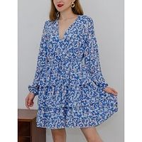 Women's Casual Dress Shift Dress Floral Dress Blue Long Sleeve Floral Layered Winter Fall Autumn V Neck Romantic Winter Dress Fall Dress 2022 S M L XL Lightinthebox - thumbnail