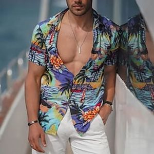 Men's Shirt Summer Hawaiian Shirt Coconut Tree Graphic Prints Turndown Blue Street Casual Short Sleeves Button-Down Print Clothing Apparel Fashion Streetwear Designer Soft Lightinthebox