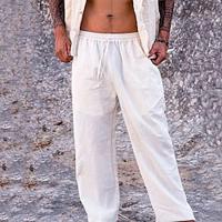 Men's Linen Pants Trousers Summer Pants Beach Pants Pocket Drawstring Elastic Waist Plain Comfort Breathable Daily Holiday Vacation Linen Hawaiian Boho Black White Lightinthebox