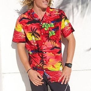 Men's Shirt Summer Hawaiian Shirt Floral Coconut Tree Graphic Prints Sunset Turndown Red Casual Going out Short Sleeves Button-Down Print Clothing Apparel Tropical Hawaiian Designer Casual Lightinthebox