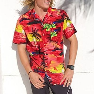 Men's Shirt Summer Hawaiian Shirt Floral Coconut Tree Graphic Prints Sunset Turndown Red Casual Going out Short Sleeves Button-Down Print Clothing Apparel Tropical Hawaiian Designer Casual Lightinthebox