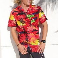 Men's Shirt Summer Hawaiian Shirt Floral Coconut Tree Graphic Prints Sunset Turndown Red Casual Going out Short Sleeves Button-Down Print Clothing Apparel Tropical Hawaiian Designer Casual Lightinthebox - thumbnail