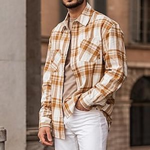 Men's Shirt Plaid Turndown Street Daily Button-Down Long Sleeve Tops Casual Fashion Comfortable Beach Brown Lightinthebox