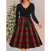 Women's Christmas Dress Vintage Dress Plaid Print Lace up Scalloped Neck Midi Dress Elegant Vintage Outdoor Christmas Long Sleeve Loose Fit Wine Red Green Fall Winter S M L XL 2XL Lightinthebox - thumbnail
