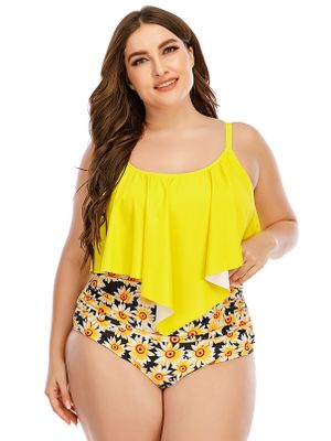 Plus Size Scoop Neck Floral Print Backless Design Sleeveless Tankini Plus Size Scoop Neck Floral Print Backless Design Sleeveless Tankini