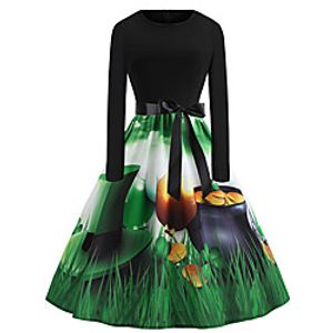 Women's Swing Dress Midi Dress Green Long Sleeve Print Print Fall Winter Round Neck Casual 2021 S M L XL XXL miniinthebox