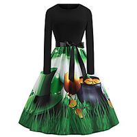 Women's Swing Dress Midi Dress Green Long Sleeve Print Print Fall Winter Round Neck Casual 2021 S M L XL XXL miniinthebox - thumbnail
