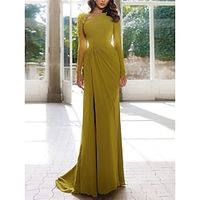 Sheath  Column Evening Gown Elegant Dress Formal Christmas Red Green Dress Sweep  Brush Train Long Sleeve Scoop Neck Stretch Chiffon with Pleats Ruched Sequin 2023 Lightinthebox - thumbnail