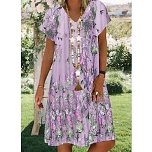 Women's A Line Dress Midi Dress Purple Light gray Light Blue Short Sleeve Floral Print Summer V Neck Elegant Linen S M L XL XXL 3XL 4XL 5XL  3D Print Lightinthebox