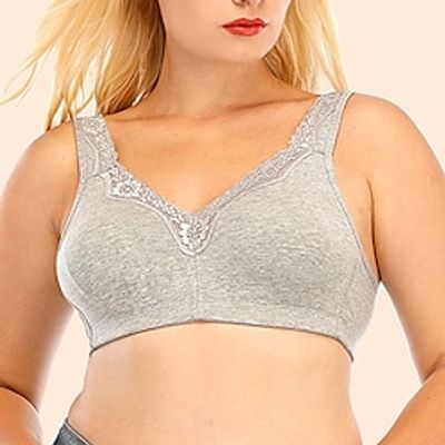Women's Padded Bras Double Strap Full Coverage V Neck Breathable Push Up Lace Pure Color Hook  Eye Date Casual Daily Cotton 1PC Black Gray / Plus Size / Bras  Bralettes / 1 PC / Plus Size miniinthebox