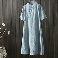 Women's A Line Dress Knee Length Dress White Pink Yellow Light Blue Short Sleeve Solid Color Jacquard Summer Mandarin Collar Basic Elegant Traditional 2021 One-Size miniinthebox - thumbnail