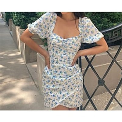 Women's A Line Dress Short Mini Dress Blue Short Sleeve Floral Print Spring Summer U Neck Casual Puff Sleeve Linen S M L XL Lightinthebox