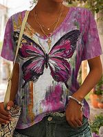 V-Neck Casual Loose Butterfly Print Short-Sleeved T-Shirt